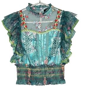 Beulah Y2k Fairy Floral Top S/M Sheer Boho Ruffle Embroider Sequin Lace Romantic